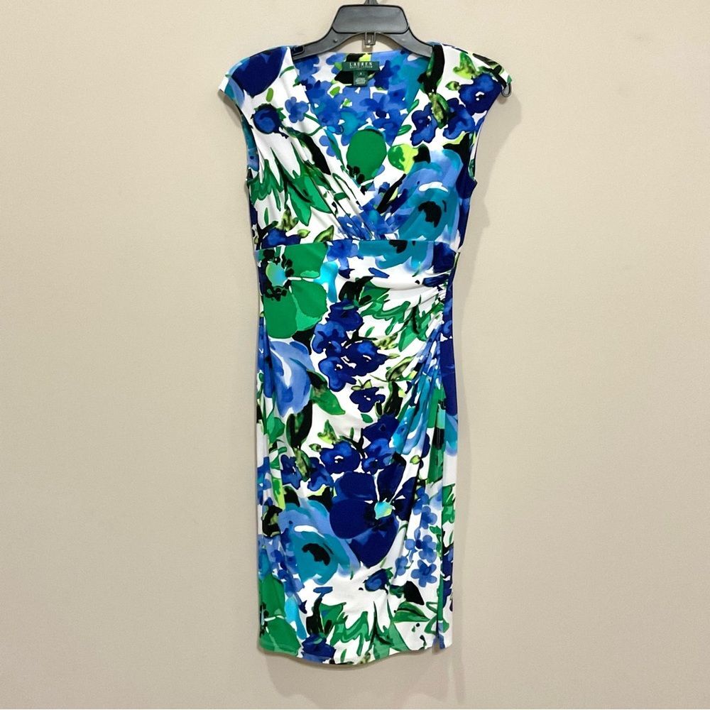 Lauren Ralph Lauren Floral Dress Sz 2 Fitted Stretch Knit Surplice Multi-Color